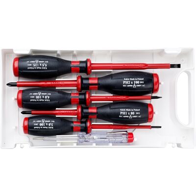 Wkrętak elektrotechniczny SL 3 x 4 x 100 mm, SL 5,5 x 125 mm, PH 1 x 80 mm, PH 2 x 100 mm próbnik, zestaw: 6 sztuk