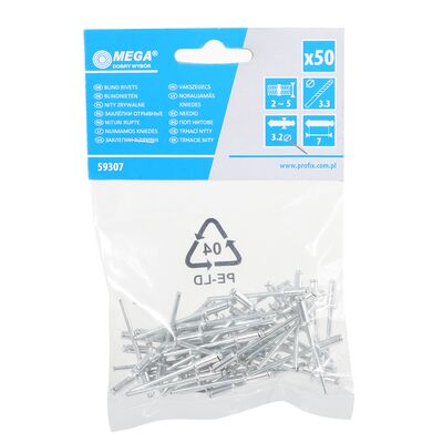 Nity zrywalne aluminium/stal 3,2 x 12 mm MEGA 50 sztuk