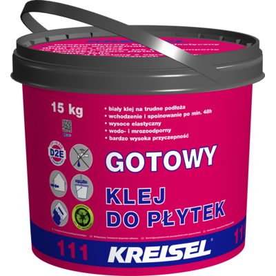 Klej do płytek dyspersyjny 111 gotowy D2E 15 kg biały KREISEL