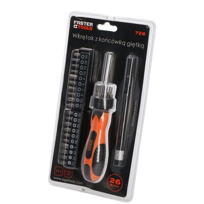 FASTER TOOLS Wkrętak końcówka gięta z bitami – Zestaw 28cz.