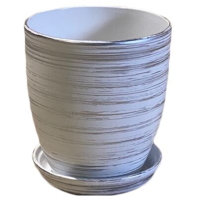 Doniczka Classic wysoka 19 cm ceramiczna biało-srebrna z podstawką