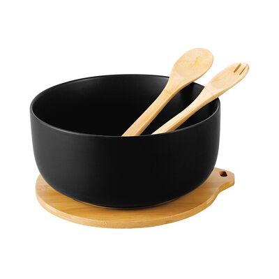 Miska do sałaty na bambusowej podstawie z łyżkami ADRIA czarna