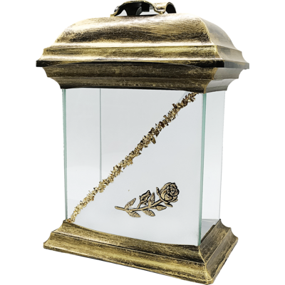 Znicz katedra szklana z różą 12 x 26 cm złoty