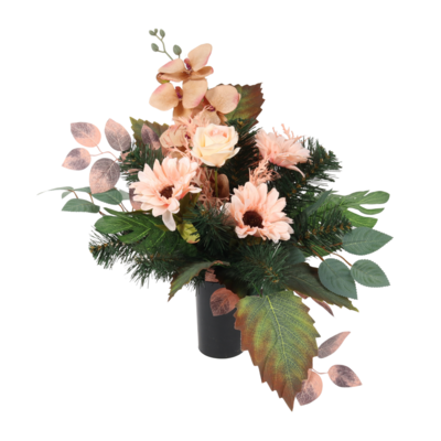 Stroik dekorowany w wazonie storczyki, róże, gerbery