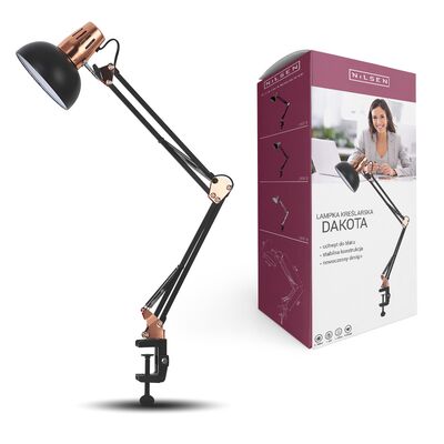 Lampka biurkowa E27 Dakota kreślarska z klipsem czarny/miedź