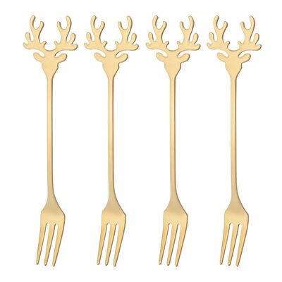 Widelczyk do ciasta z reniferem 4 sztuki złoty
