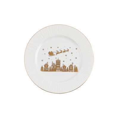 Talerz deserowy reliefowany złote domki 20 cm