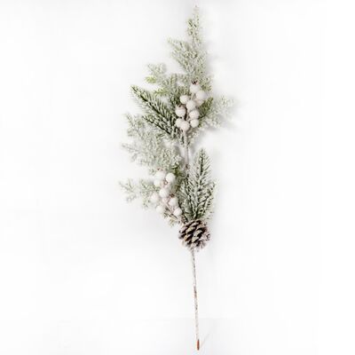 Gałązka oprószona śniegiem z białymi owocami i szyszką