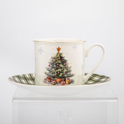Filiżanka ze spodkiem choinka zielona krata 220 ml