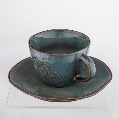 Filiżanka ze spodkiem ceramiczna 220 ml zielono-brązowa