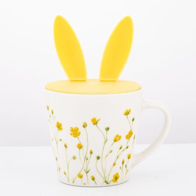 Kubek porcelanowy Kaczeńce z pokrywą silikonową uszy zająca 350 ml