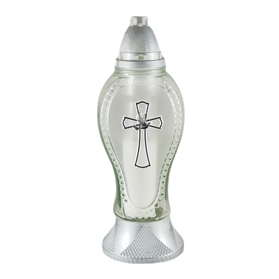 Znicz szklany krzyż 28,5 x 13 cm 45 h srebrny