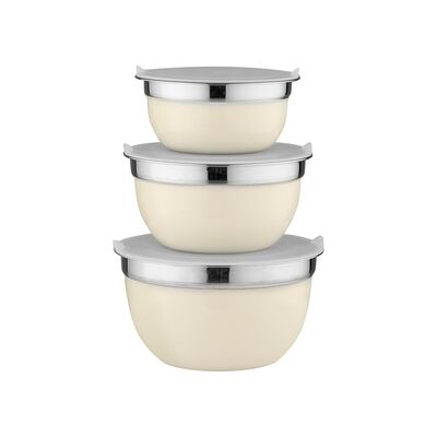 Zestaw misek nierdzewnych z pokrywą 14 cm, 16 cm, 18 cm kremowy