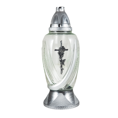 Znicz szklany krzyż i róża Z 536 33 x 13 cm 39 h srebrny