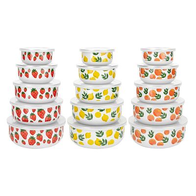 Pojemniki emaliowane z pokrywką owoce 10 cm + 12 cm + 14 cm + 16 cm + 18 cm mix kolorów