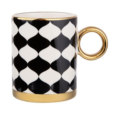 Kubek wysoki 350 ml ze złotym uchem czarno- biały