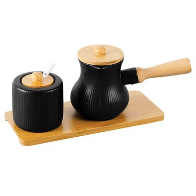 Cukiernica i dzbanek na mleko Alisa na podstawce 24,5 x 10,7 x 10,7 cm czarny z elementami drewnianymi