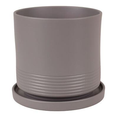 Doniczka cylinder Rille 21 cm basaltowy + podstawka matowy szary