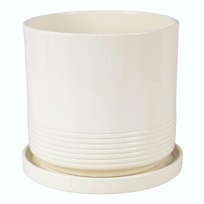 Doniczka cylinder Rille 21 cm + podstawka kremowy