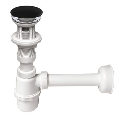 Syfon umywalkowy butelkowy, spust klik-klak z przelewem, czyszczony z góry, duży grzybek ceramiczny czarny