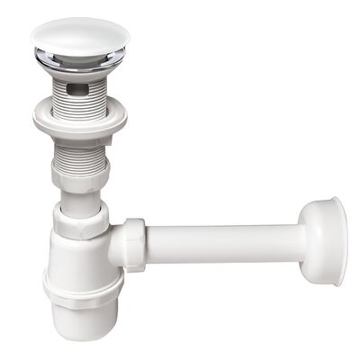 Syfon umywalkowy butelkowy, spust klik-klak z przelewem, czyszczony z góry, duży grzybek ceramiczny biały
