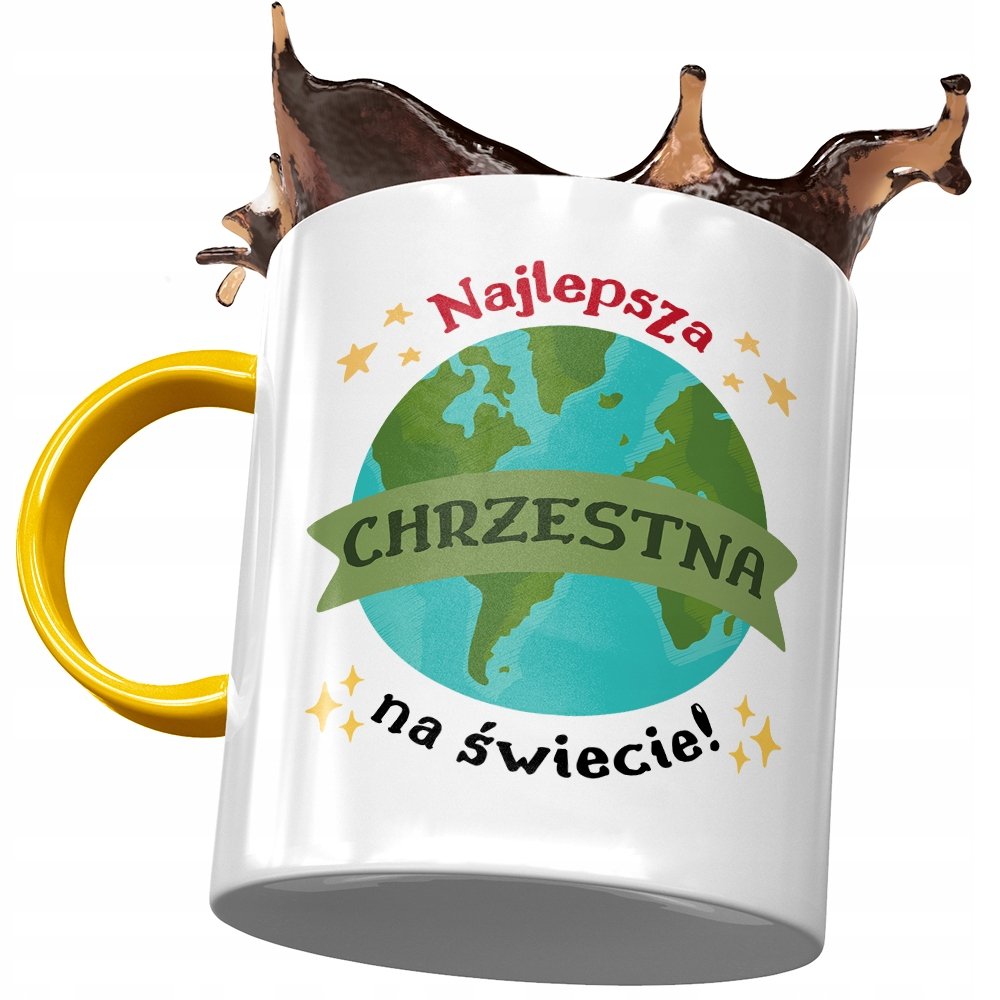 Kubek Żółty Dla Chrzestnej na Urodziny na Prezent z Nadrukiem ze Zdjęciem+ Opakowanie na prezent (wzór 01)