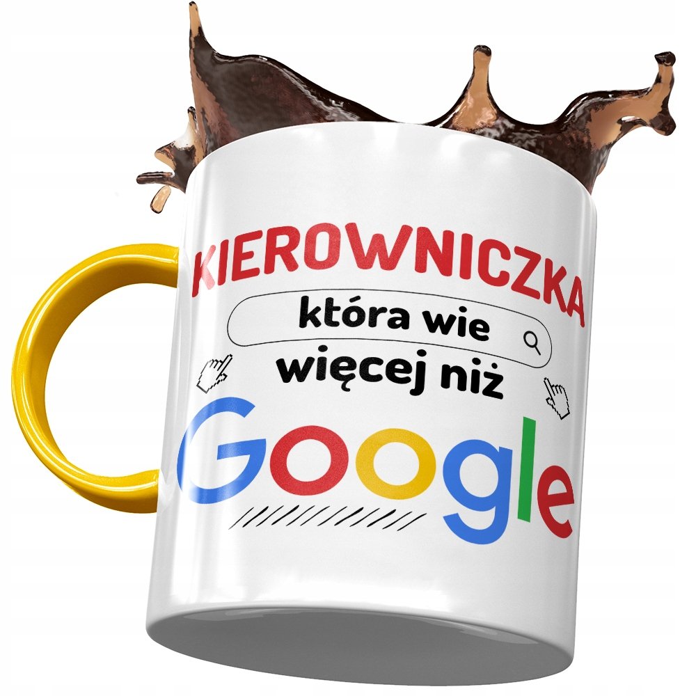 Kubek Żółty Dla Kierowniczki Wie Więcej Niż Google z Nadrukiem ze Zdjęciem+ Opakowanie na prezent (wzór 01)