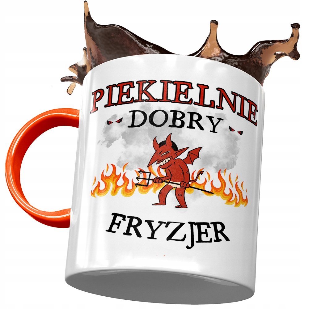Kubek Pomarańczowy dla Fryzjera Piekielnie Dobry z Nadrukiem ze Zdjęciem + Opakowanie na prezent (wzór 03)