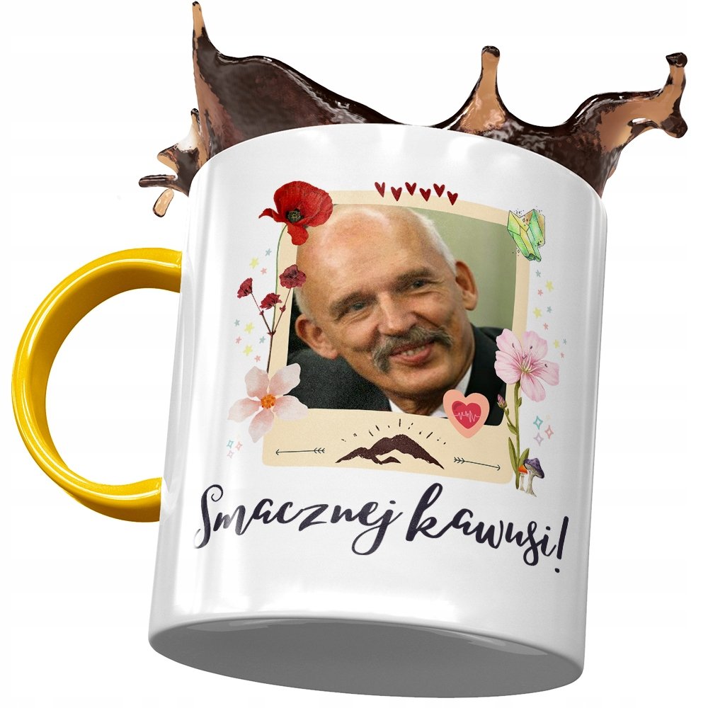 Kubek Żółty Janusz Korwin Mikke na Prezent z Nadrukiem ze Zdjęciem + Opakowanie na prezent (wzór 03)