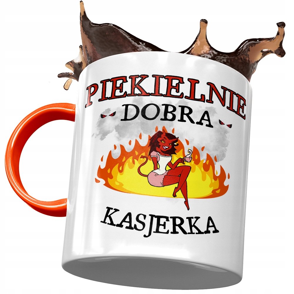 Kubek Pomarańczowy dla Kasjerki Piekielnie Dobra z Nadrukiem ze Zdjęciem+ Opakowanie na prezent (wzór 01)