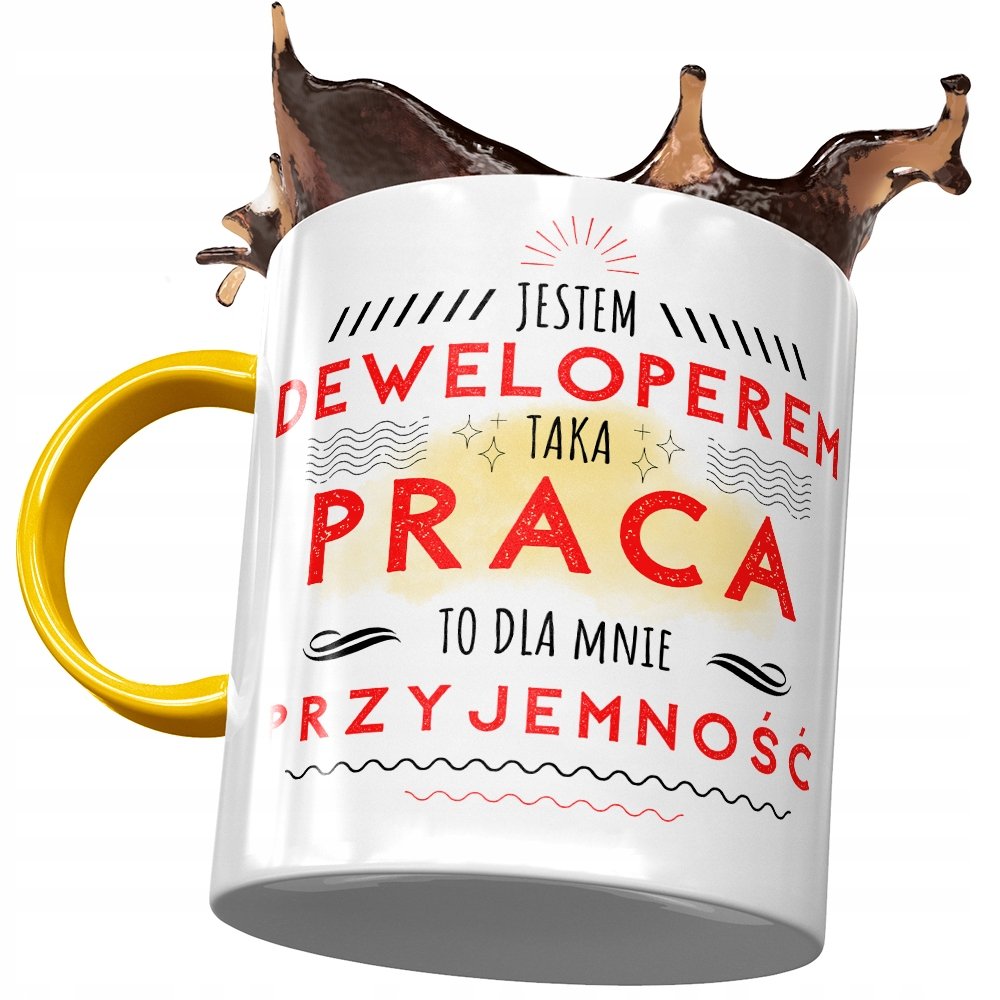 Kubek Żółty Dla Dewelopera Praca to Przyjemność z Nadrukiem ze Zdjęciem+ Opakowanie na prezent (wzór 01)