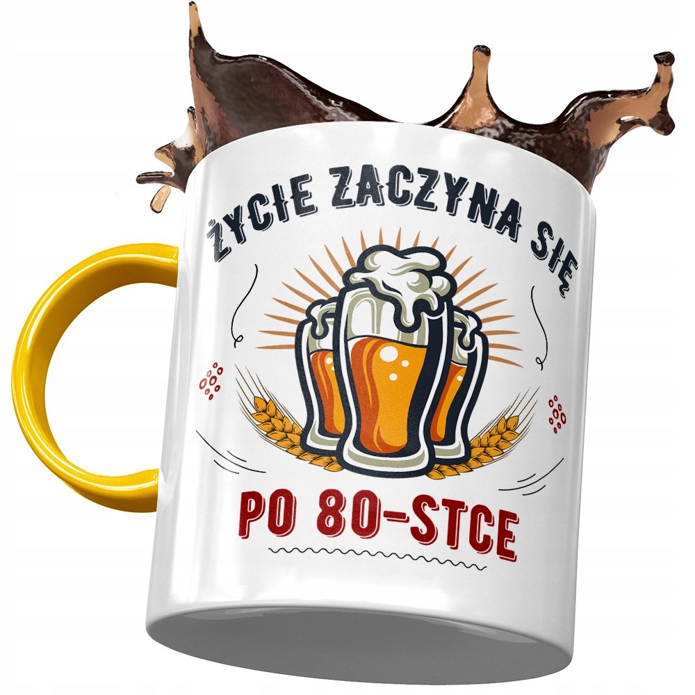 Kubek Żółty na Urodziny 80 80te 80-te na Prezent z Nadrukiem ze Zdjęciem + Opakowanie na prezent (wzór 03)