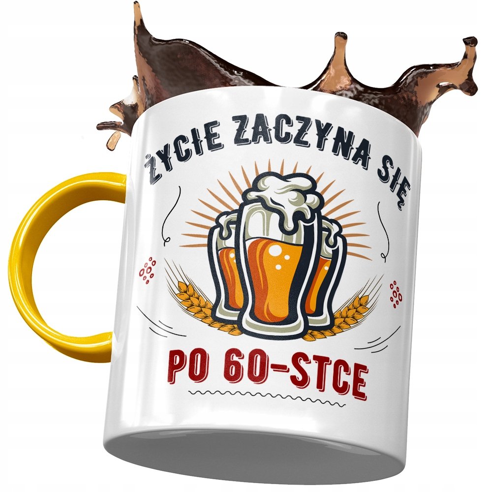 Kubek Żółty na Urodziny 60 60te 60-te na Prezent z Nadrukiem ze Zdjęciem+ Opakowanie na prezent (wzór 01)