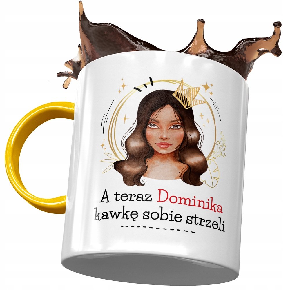 Kubek Żółty Dla Dominiki Żony Koleżanki na Prezent z Nadrukiem ze Zdjęciem + Opakowanie na prezent (wzór 03)