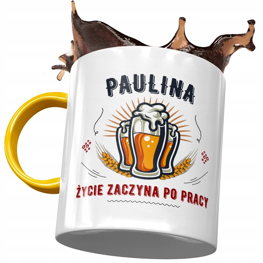 Kubek Żółty Dla Pauliny Żony Koleżanki Prezent z Nadrukiem ze Zdjęciem + Opakowanie na prezent (wzór 04)