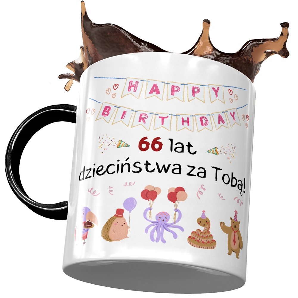 Kubek Czarny na Urodziny 66 66te 66-te Prezent z Nadrukiem ze Zdjęciem + Opakowanie na prezent (wzór 04)