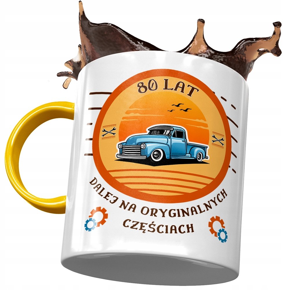 Kubek Żółty na Urodziny 80 80te 80-te na Prezent z Nadrukiem ze Zdjęciem + Opakowanie na prezent (wzór 02)