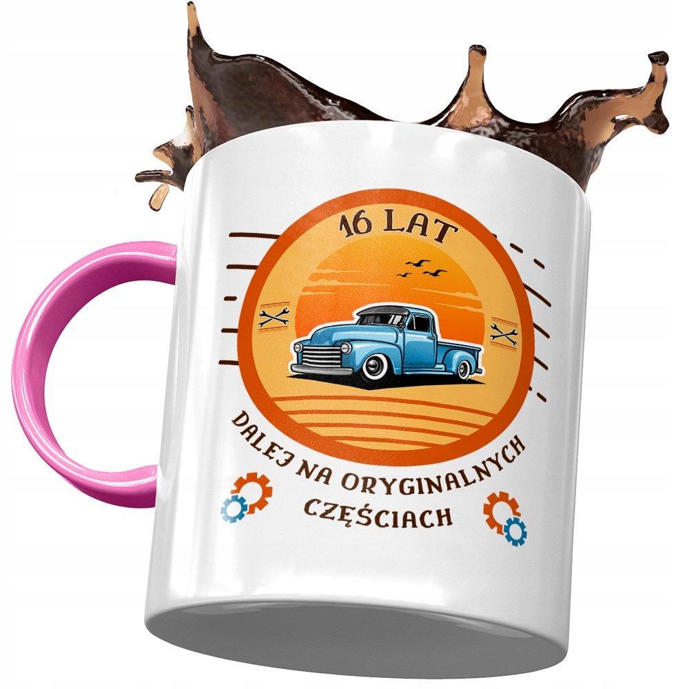 Kubek Różowy na Urodziny 16 16ste 16-ste Prezent z Nadrukiem ze Zdjęciem + Opakowanie na prezent (wzór 02)