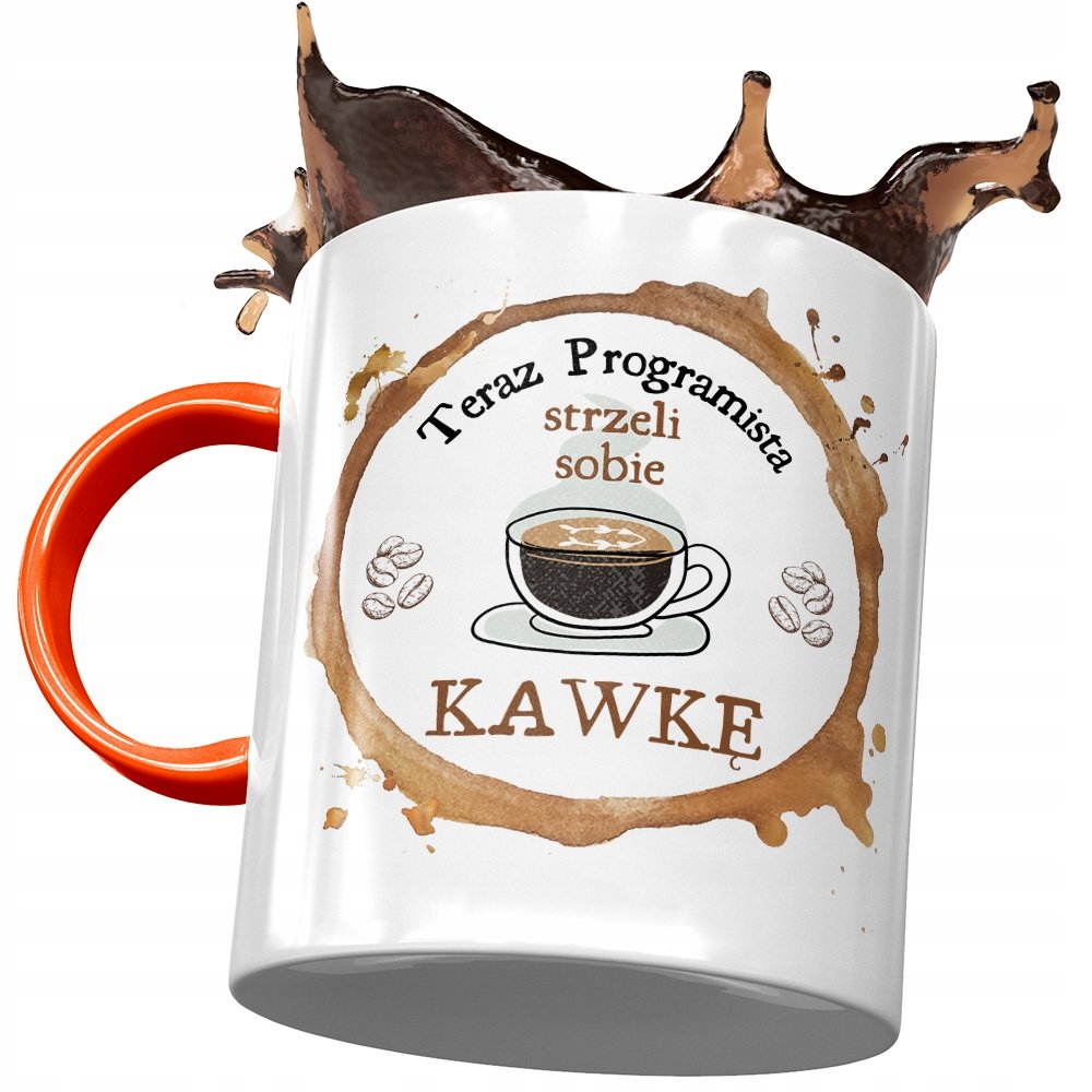 Kubek Pomarańczowy dla Programisty Strzeli Kawkę z Nadrukiem ze Zdjęciem + Opakowanie na prezent (wzór 02)