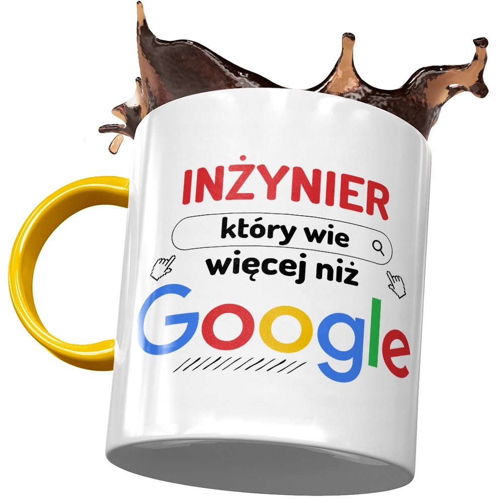 Kubek Żółty Dla Inżyniera Wie Więcej niż Google z Nadrukiem ze Zdjęciem + Opakowanie na prezent (wzór 04)