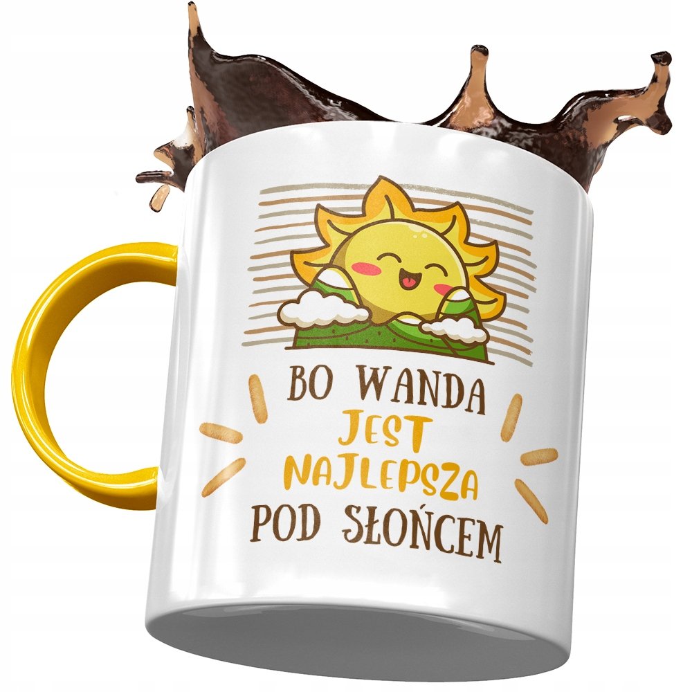 Kubek Żółty Dla Wandy Żony Koleżanki na Prezent z Nadrukiem ze Zdjęciem + Opakowanie na prezent (wzór 04)
