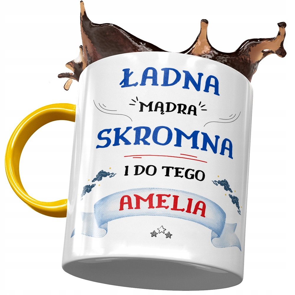 Kubek Żółty Dla Amelii Żony Przyjaciółki z Nadrukiem ze Zdjęciem + Opakowanie na prezent (wzór 04)