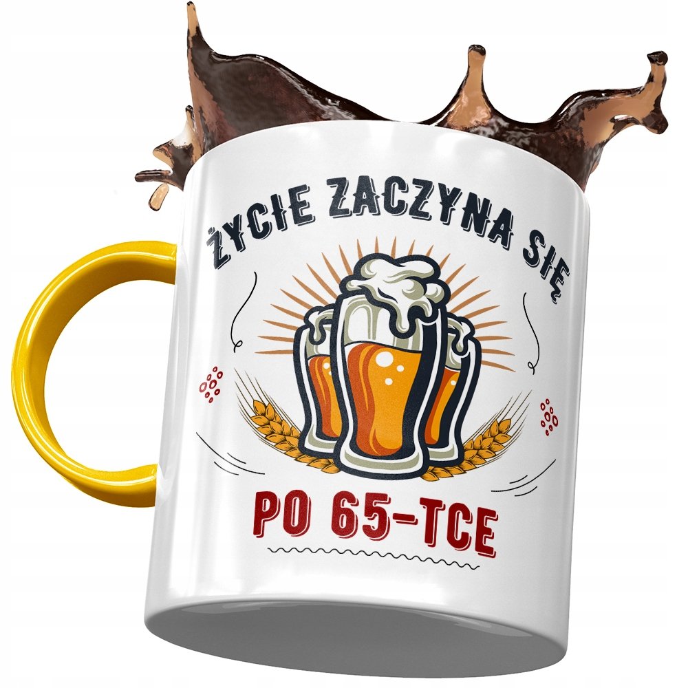 Kubek Żółty na Urodziny 65 65te 65-te na Prezent z Nadrukiem ze Zdjęciem + Opakowanie na prezent (wzór 02)