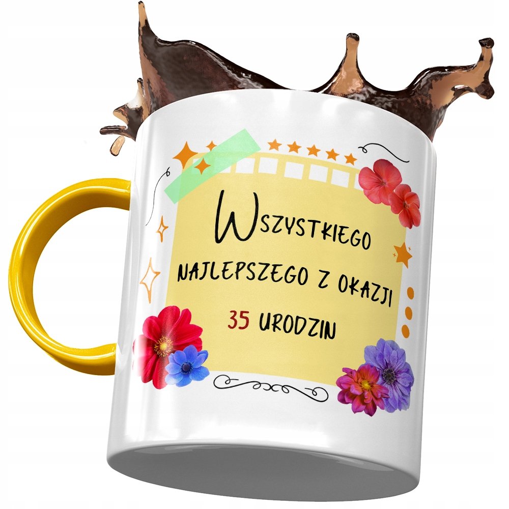 Kubek Żółty na Urodziny 35 35te 35-te na Prezent z Nadrukiem ze Zdjęciem + Opakowanie na prezent (wzór 02)