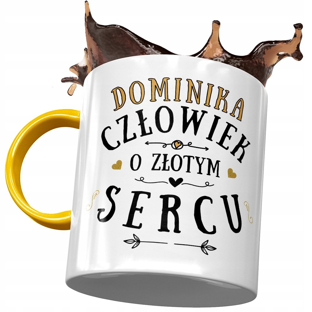 Kubek Żółty Dla Dominiki Żony Koleżanki na Prezent z Nadrukiem ze Zdjęciem + Opakowanie na prezent (wzór 04)