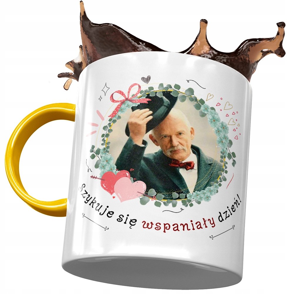 Kubek Żółty Janusz Korwin Mikke na Prezent z Nadrukiem ze Zdjęciem + Opakowanie na prezent (wzór 03)