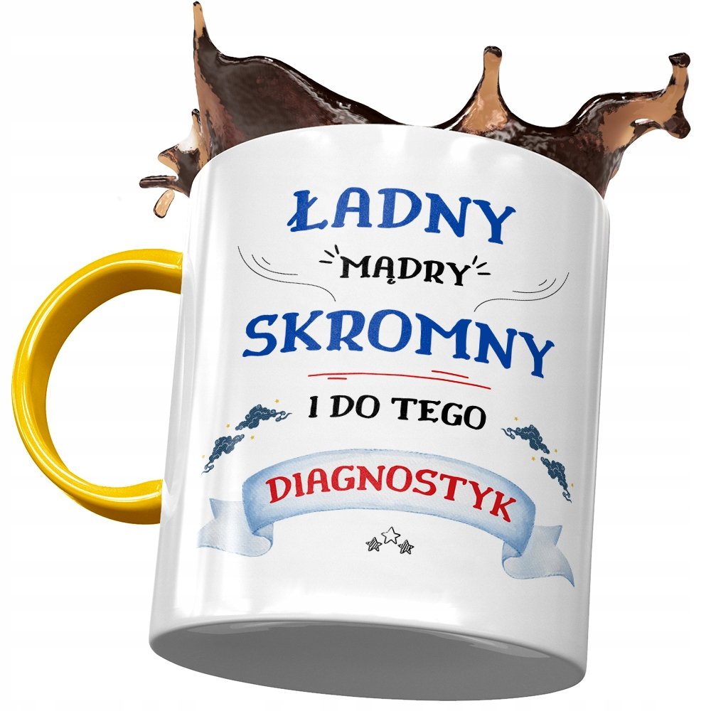 Kubek Żółty Dla Diagnostyka Ładny Mądry Skromny z Nadrukiem ze Zdjęciem + Opakowanie na prezent (wzór 04)