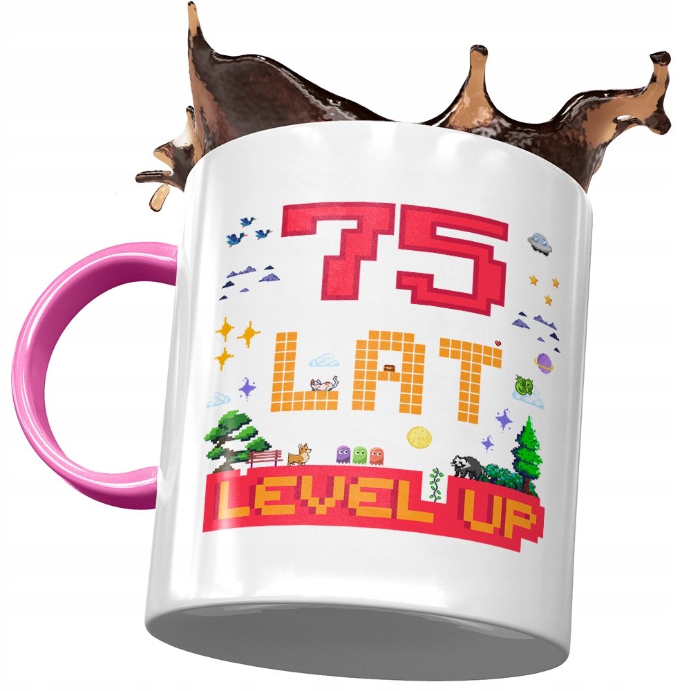 Kubek Różowy na Urodziny 75 75te 75-te Prezent z Nadrukiem ze Zdjęciem + Opakowanie na prezent (wzór 02)