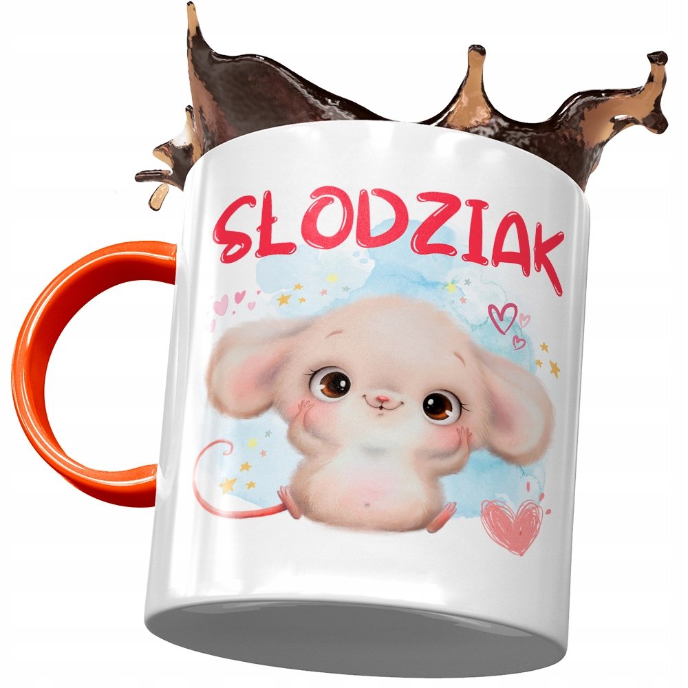 Kubek Pomarańczowy z Myszą Myszką Słodki Prezent z Nadrukiem ze Zdjęciem + Opakowanie na prezent (wzór 02)