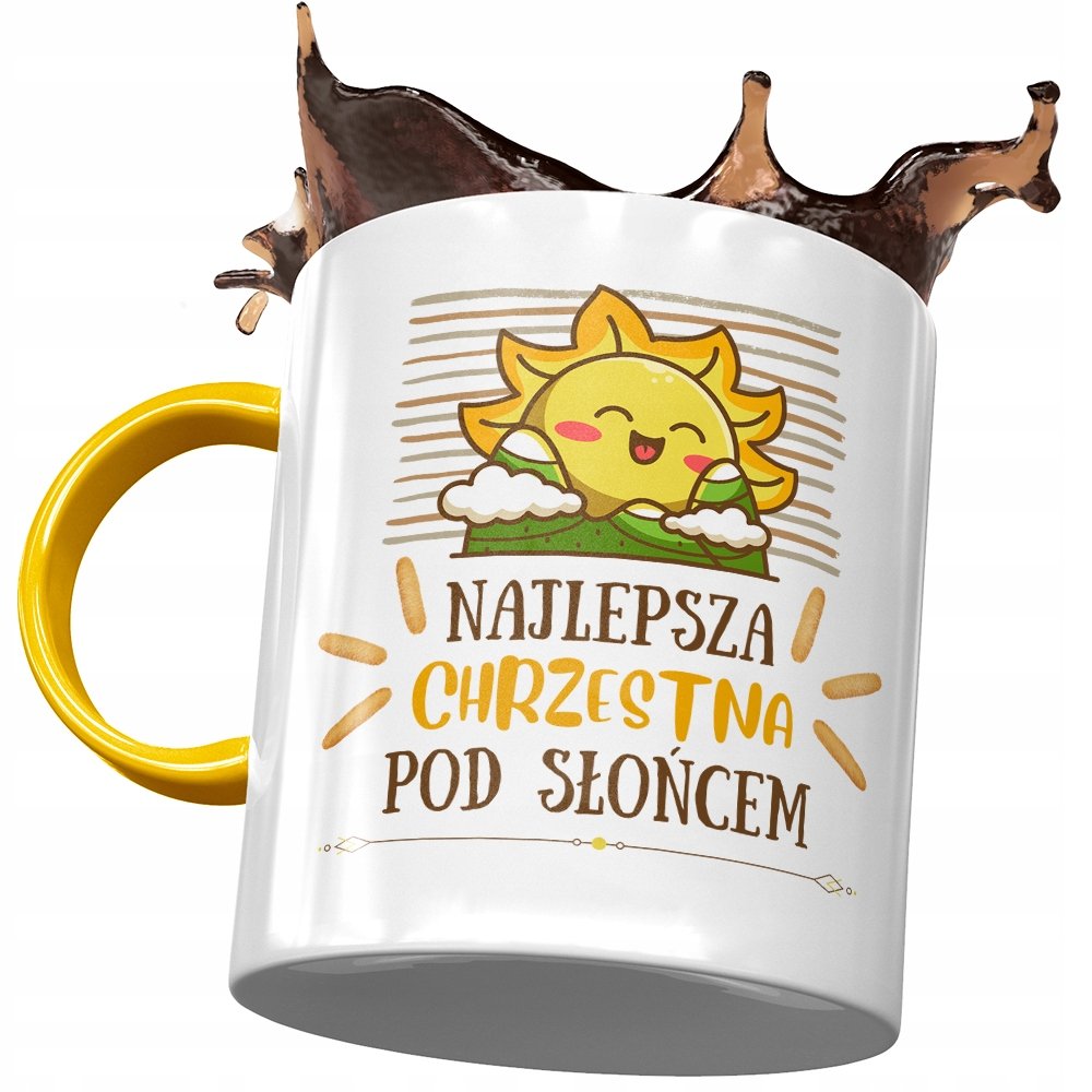 Kubek Żółty Dla Chrzestnej na Urodziny na Prezent z Nadrukiem ze Zdjęciem + Opakowanie na prezent (wzór 02)